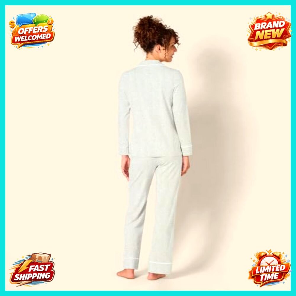 Cotton Modal Long Sleeve Pajama Set, Relaxed Fit, Button Front Top, Elastic - Picture 3 of 7